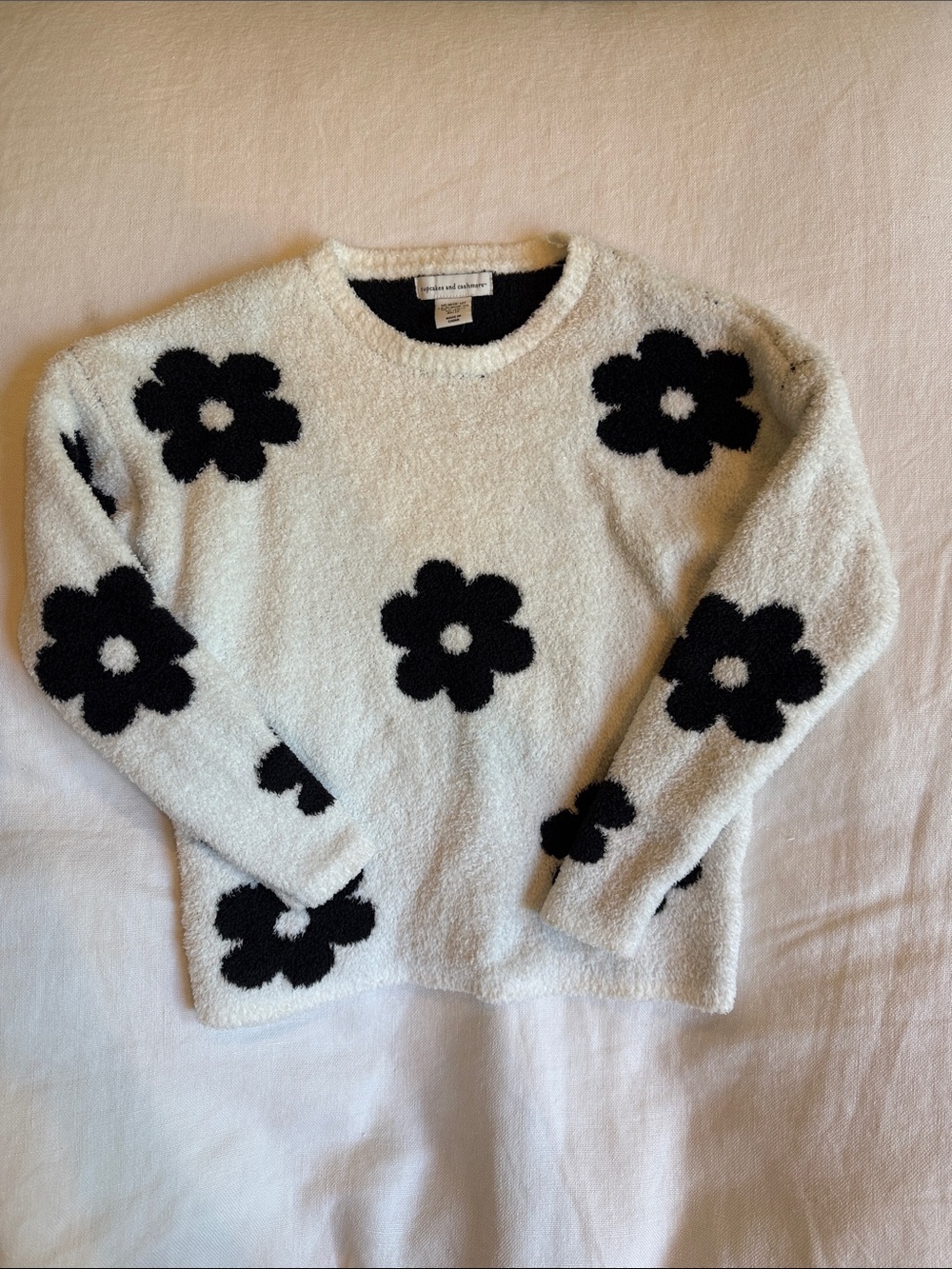 cupcakes & cashmere Cream Crewneck Sweater with Black Flower Print
